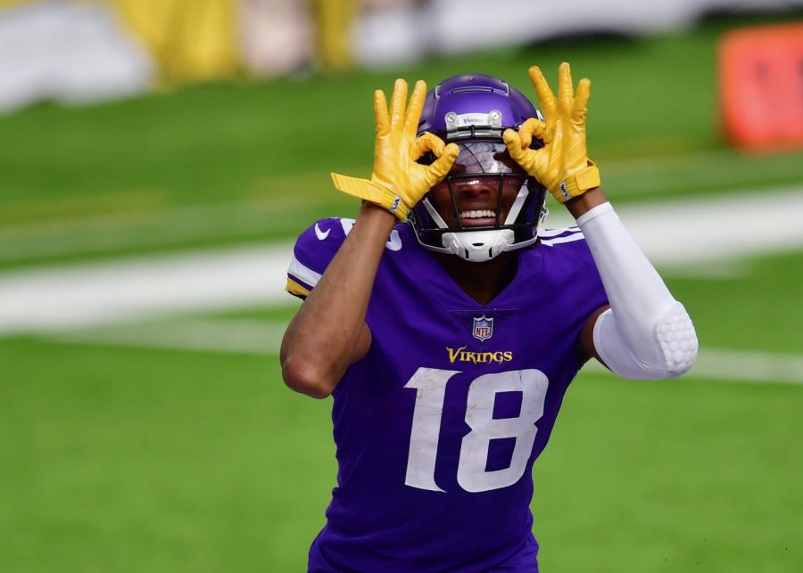 Justin Jefferson doing his signature dance, the Griddy, after a touchdown.