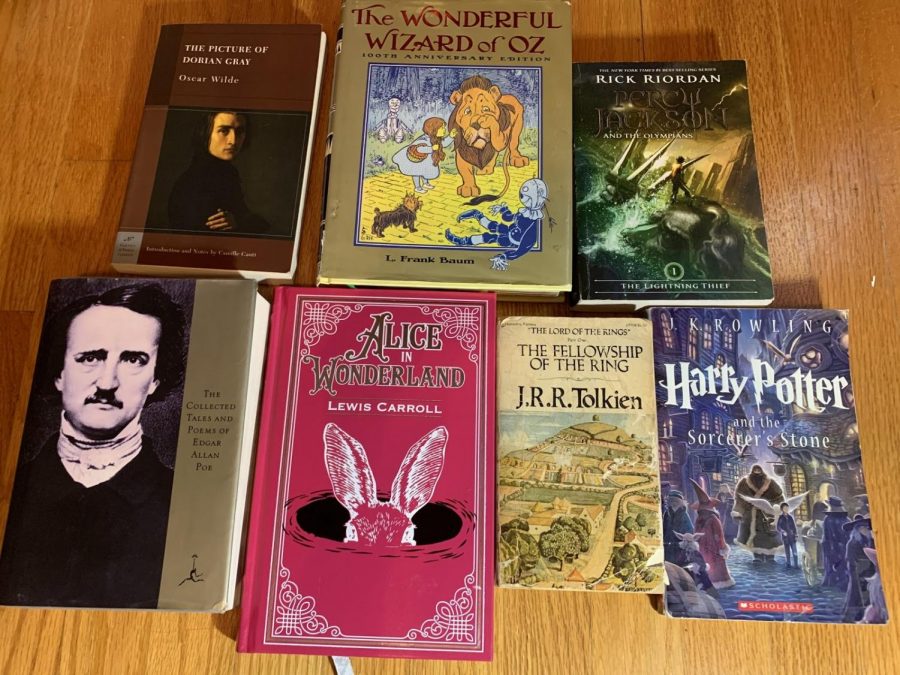 Top+Right+to+Bottom+Left%3A+The+Picture+of+Dorian+Gray%3B+The+Wizard+of+Oz%3B+The+Lightning+Thief%3B+The+Collected+Tales+and+Poems+of+Edgar+Allan+Poe%3B+Alice+in+Wonderland%3B+The+Fellowship+of+the+Ring%3B+The+Sorcerers+Stone