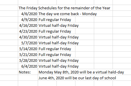 The Friday schedule for the remainder of the year