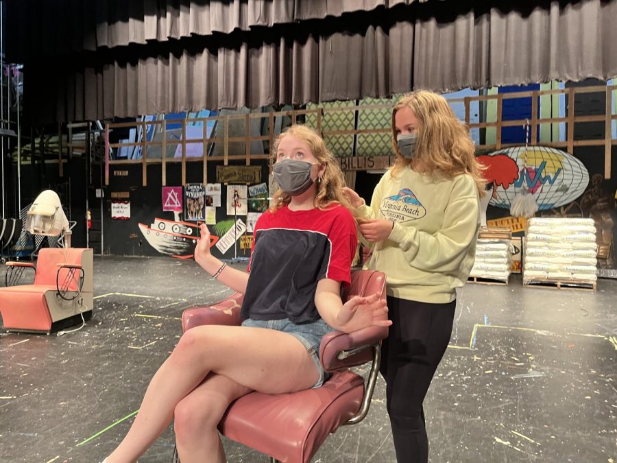 Alicia Jones (left) at a Steel Magnolias rehearsal with co-star Amber Abela (right)