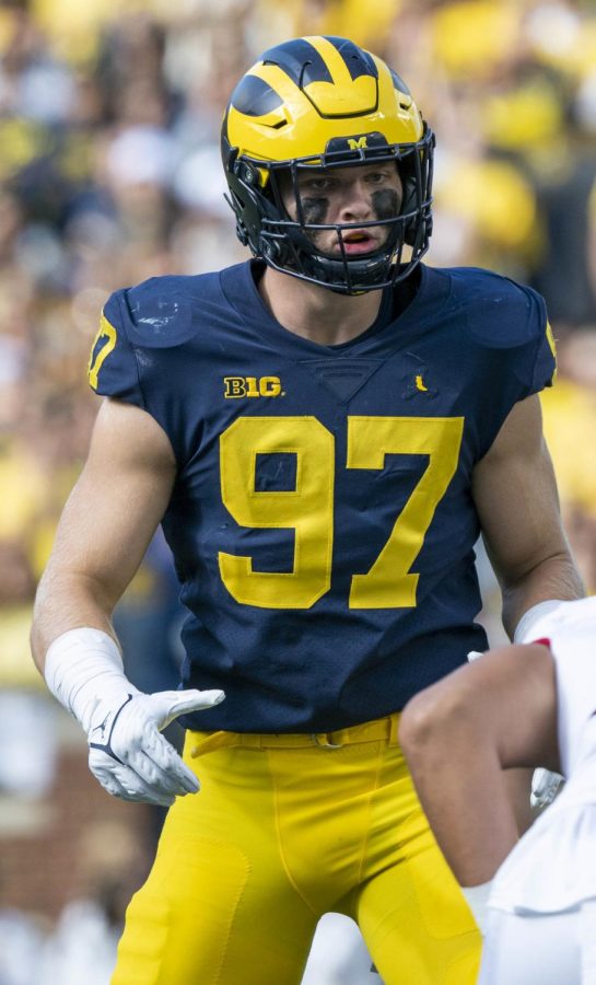 Aidan Hutchinson, projected to go second overall to the Lions in this mock draft, playing at Michigan in 2021.