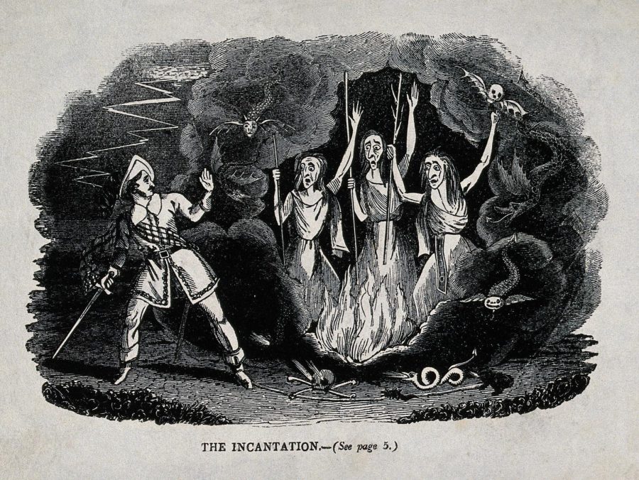 Macbeth meets the three witches; scene from Shakespeares Macbeth. Wood engraving, 19th century.
