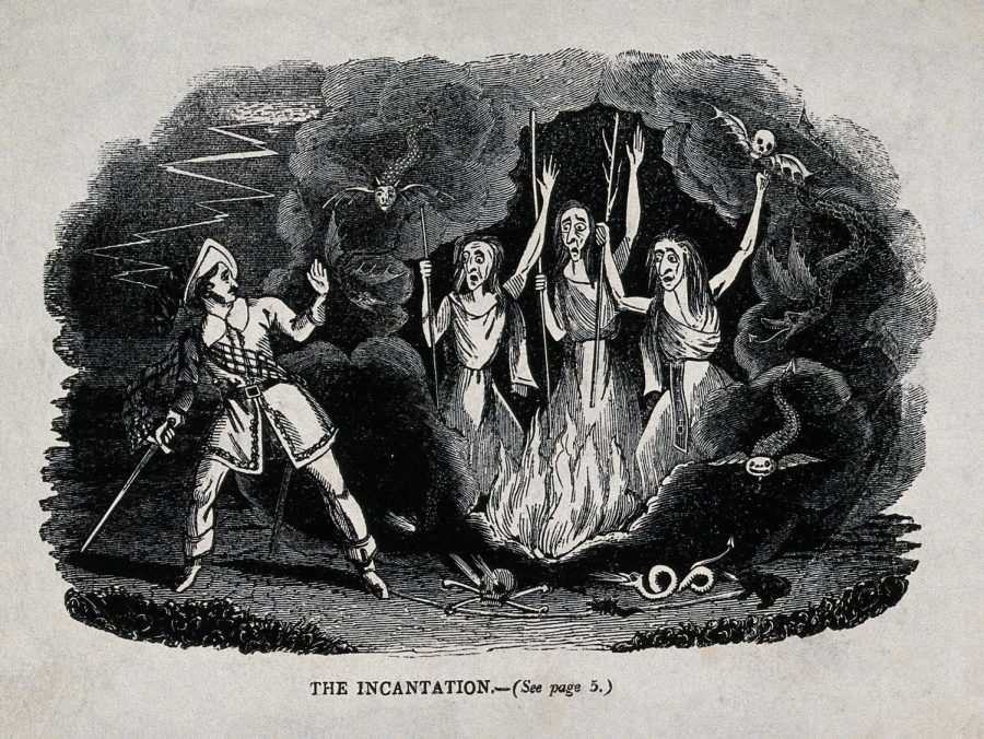 Macbeth+meets+the+three+witches%3B+scene+from+Shakespeares+Macbeth.+Wood+engraving%2C+19th+century.