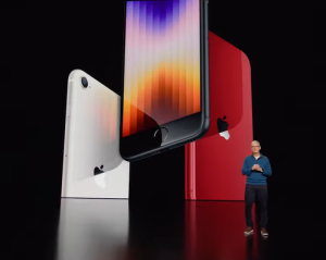 Tim Cook reveals the iPhone SE at the Peek Performance event. - Screenshot by Daphne Linn