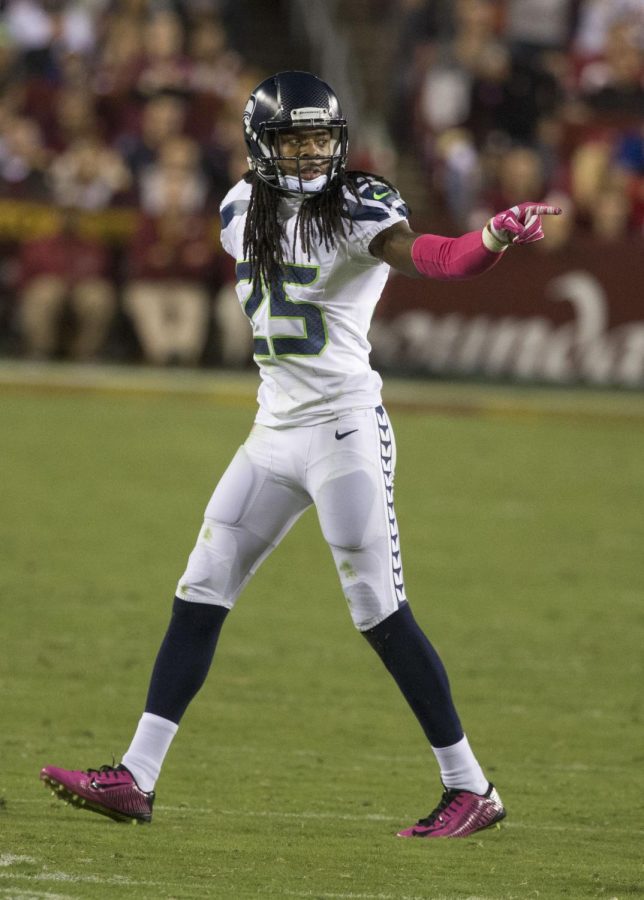 Richard Sherman in 2014 with the Seahawks, a little over a year after The Tip.