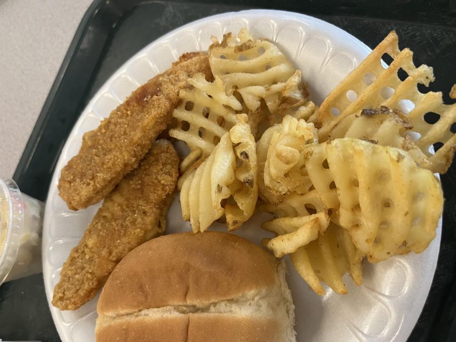 Todays lunch, chicken fingers with waffle fries and a roll.