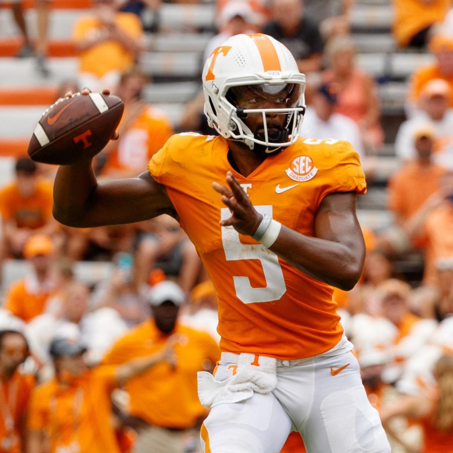 Tennessees+Hendon+Hooker+dropping+back+to+throw.+Hooker+is+our+projected+third+overall+pick+in+the+2023+NFL+Draft.