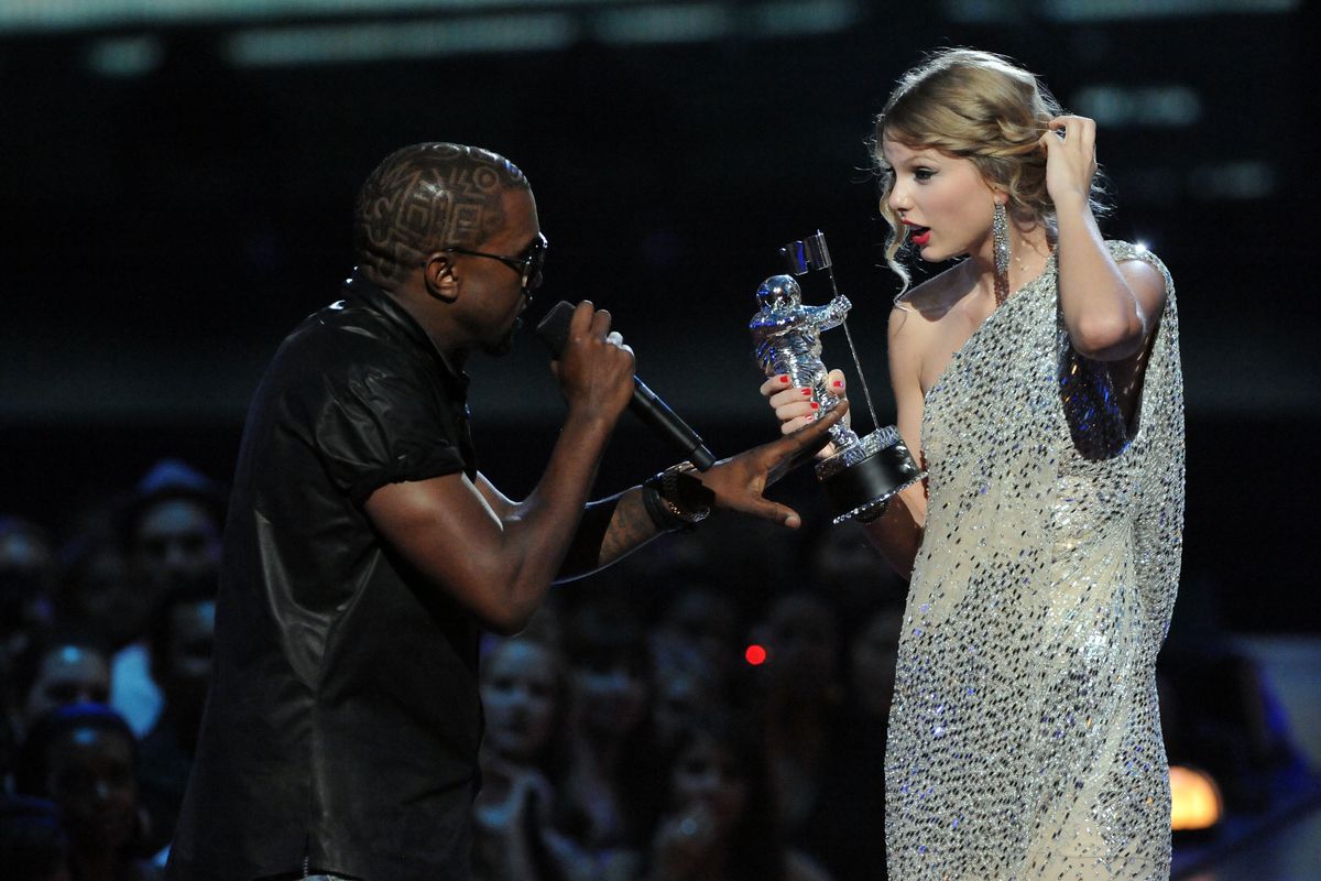 West takes the microphone from a shocked Swift at the 2009 VMAs.