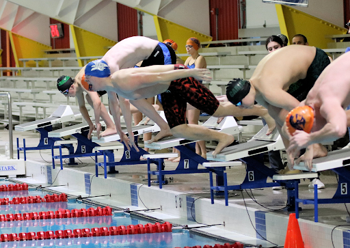 Wagner jumping into the water at a 2021 meet for Lower Dauphin.