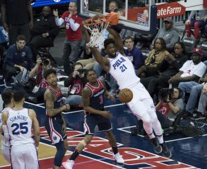 The newly crowned NBA MVP, Joel Embiid, throws down a lob against the Washington Wizards.