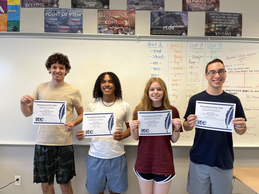 The Falcon Flash winners of the 2023 Pennsylvania Press Club National Federation of Press Women High School Journalism Contest. (left to right) Peter Otto, Tavian Boone, Carly Stephens and Jaime Gallick.