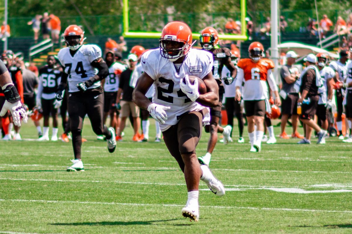Browns running back Nick Chubb in a rushing play during training camp.