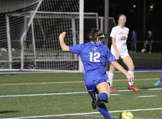 2023 Lower Dauphin graduate Katelyn Economopoulos looking to take a shot in LDs 2022 game against Middletown. Economopoulos has scored five goals through ten games at Kutztown University.