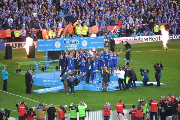 Leicester City FC celebrate their 2015-16 English Premier League title. Leicester will look to get promoted back to the Premier League at the end of this season while other clubs, including Arsenal, Liverpool and Manchester City look to be this years champions.